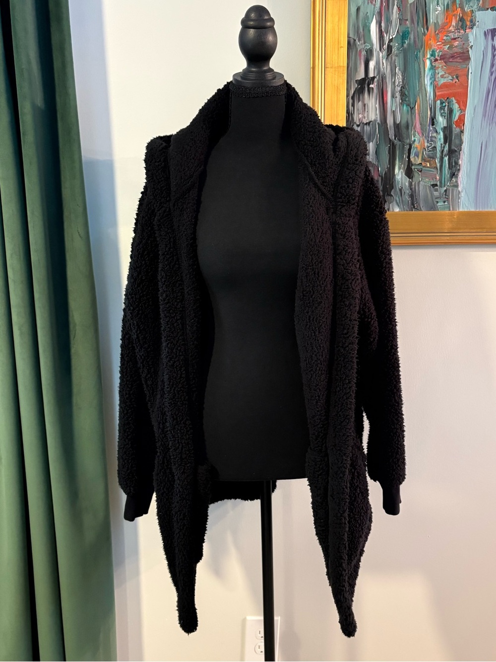 Women's Black Teddy Sherpa Open-Front Jacket
